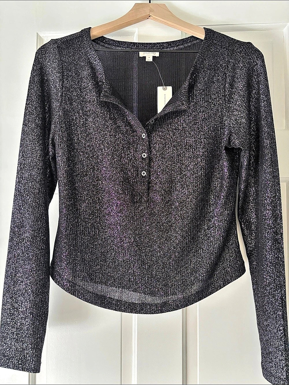 Pilcro The Andie Ribbed Henley Top: Shimmer Edition Black & Silver Medium NWT